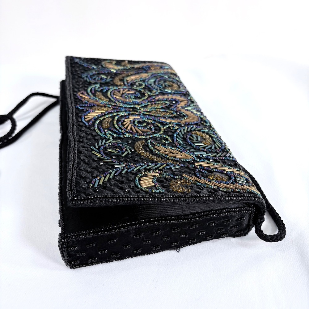 Carolyne Barton Beaded Clutch Black Iridescent Gold Paisley Evening Bag - Picture 9 of 10